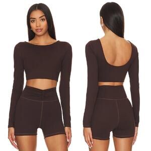 Camila Coelho Sport Haley Cropped Long Sleeve Top Deep Brown Women's Size M